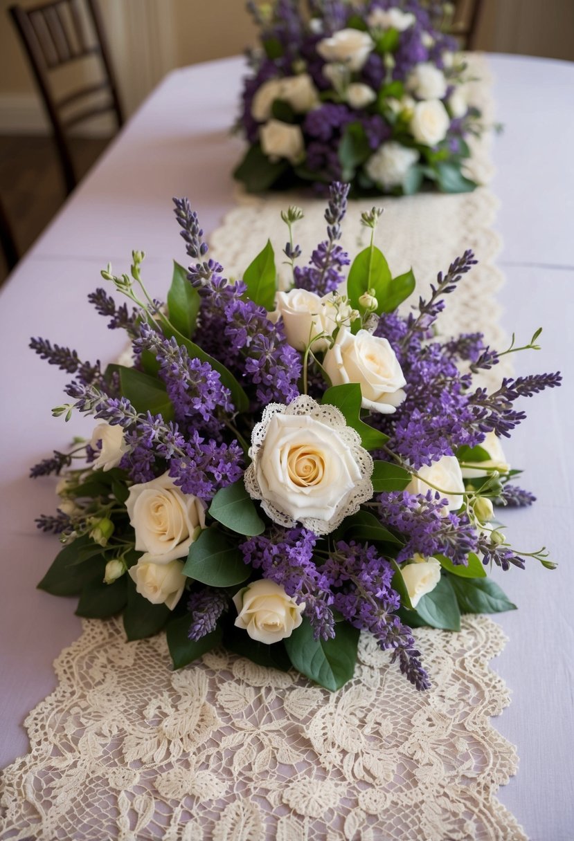 A lush bouquet of lavender and lace, accented with delicate Victorian-inspired details, sits atop a vintage lace table runner