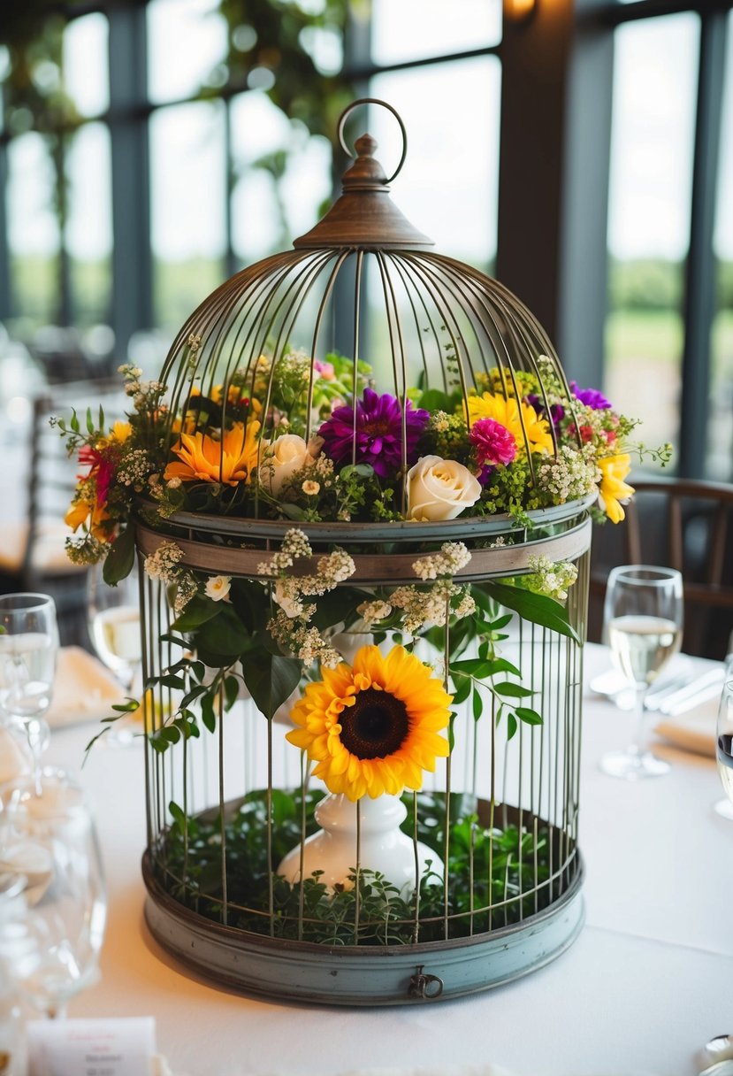 A birdcage filled with colorful flowers and greenery, serving as a centerpiece on a wedding table