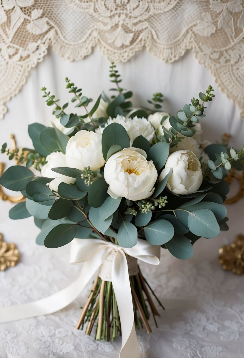 A lush bouquet of eucalyptus and cream peonies tied with a delicate ribbon, set against a backdrop of vintage lace and ornate gold accents