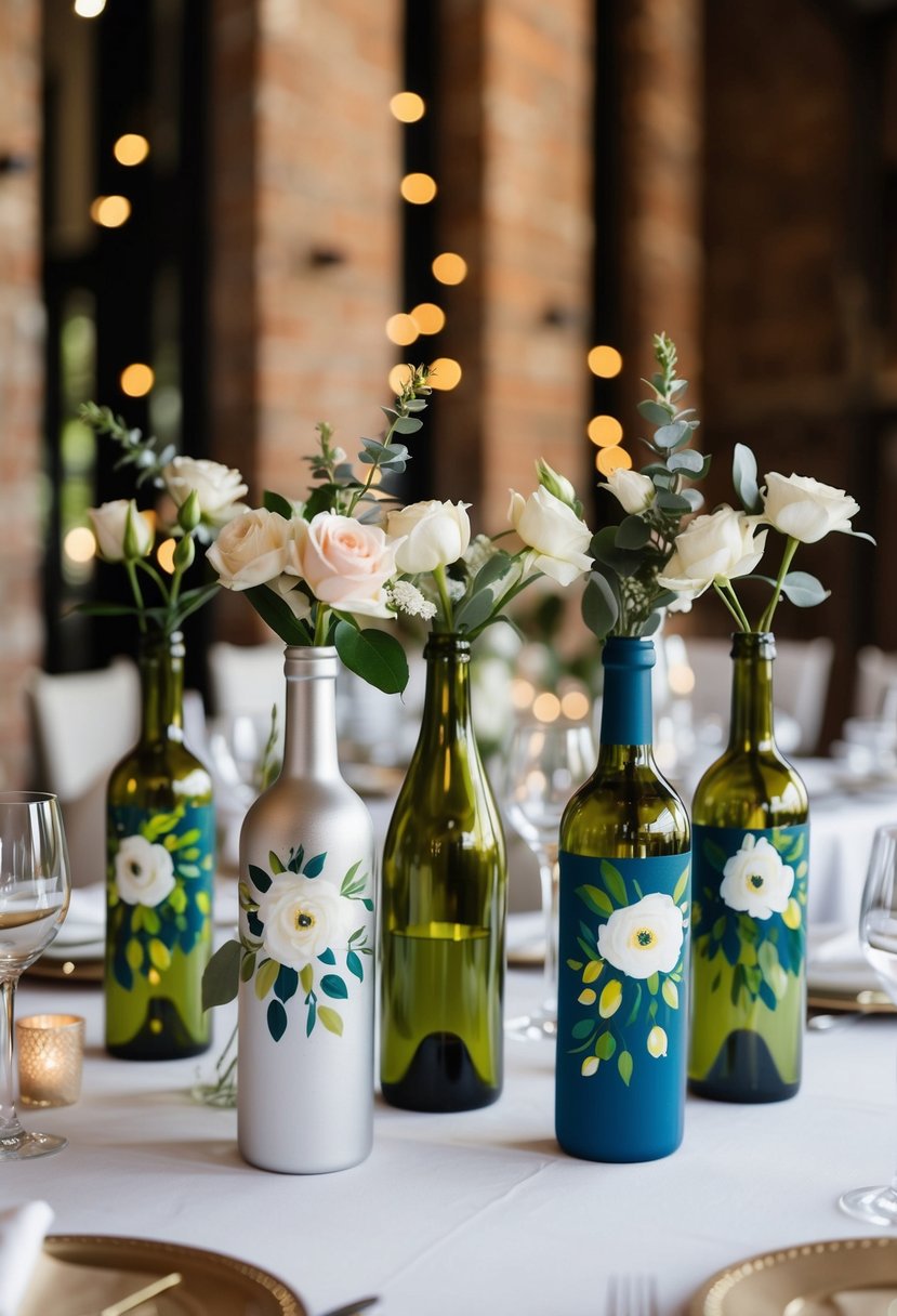 A collection of painted wine bottle vases arranged as table decorations for a wedding, with flowers inside each bottle