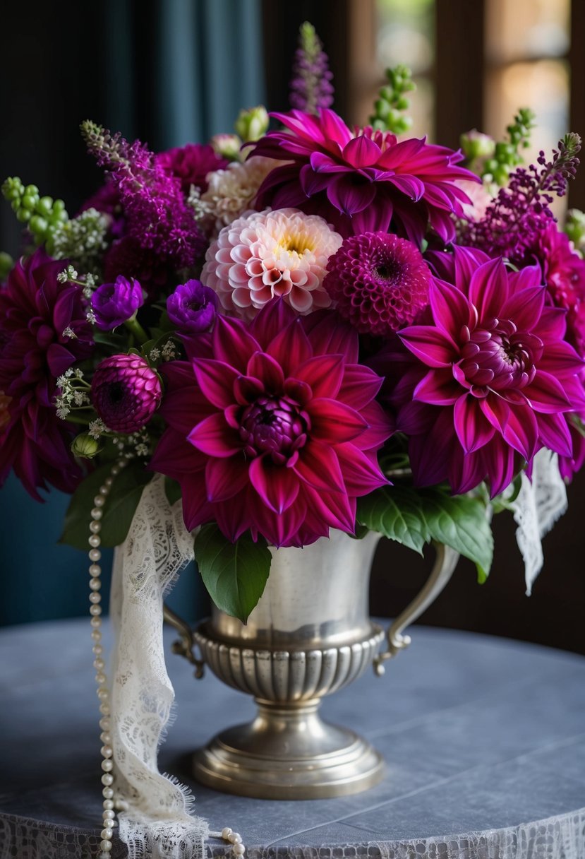 A lush bouquet of amaranth and dahlia in rich, deep hues, accented with delicate lace and pearls, nestled in a vintage silver vase