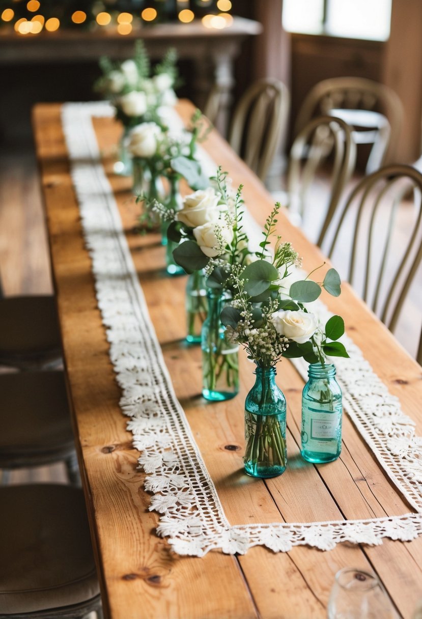 A rustic wooden table adorned with vintage-inspired DIY table runners, set for a wedding celebration