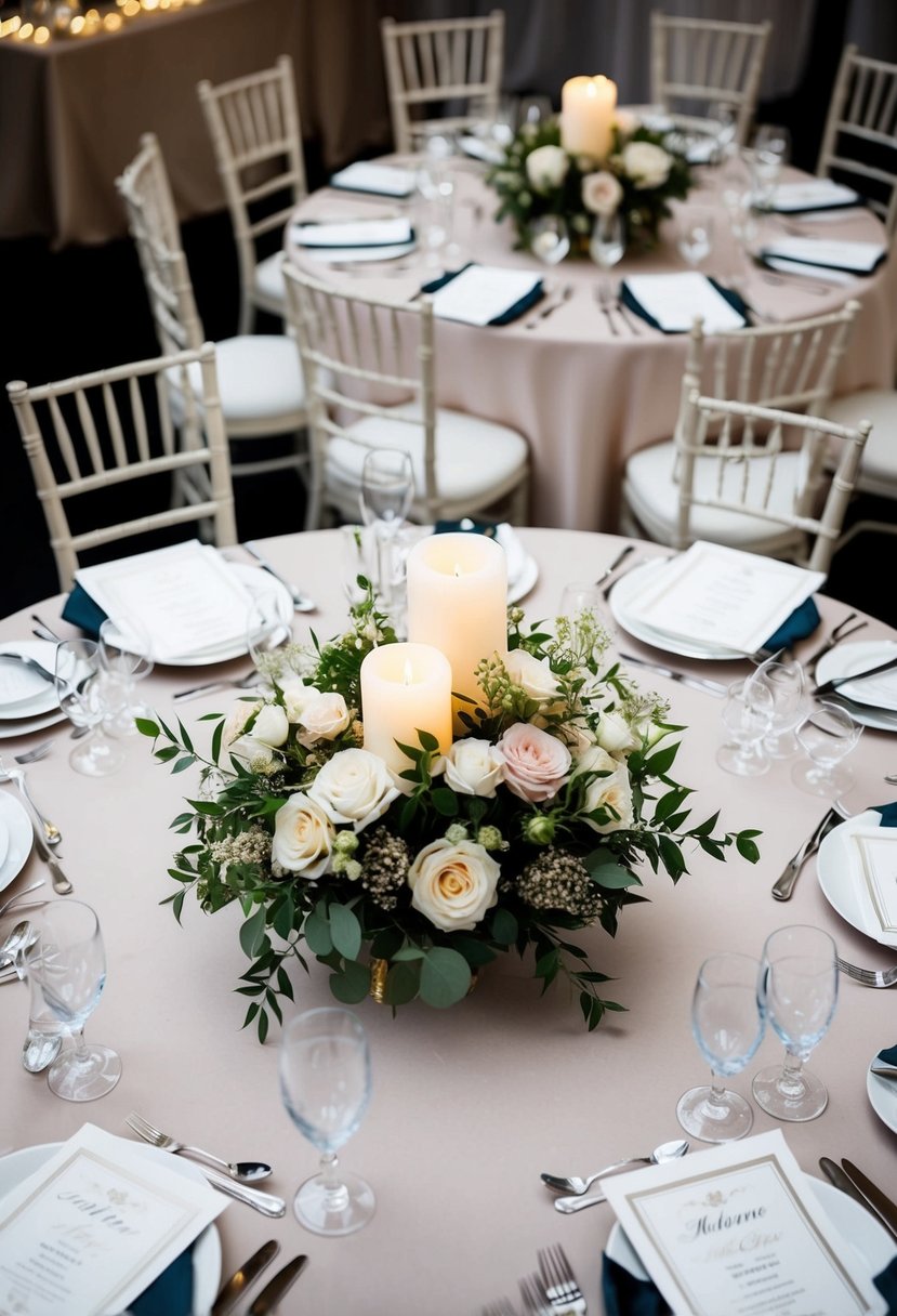 A round wedding table adorned with floral centerpieces and candles, surrounded by elegant chairs and place settings