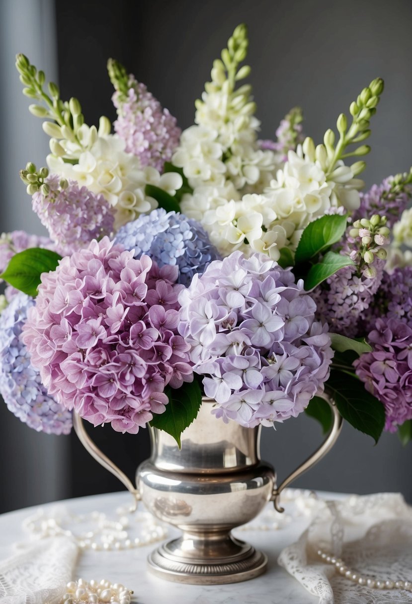 A lush bouquet of lilacs and hydrangeas arranged in a vintage silver vase, surrounded by delicate lace and pearls