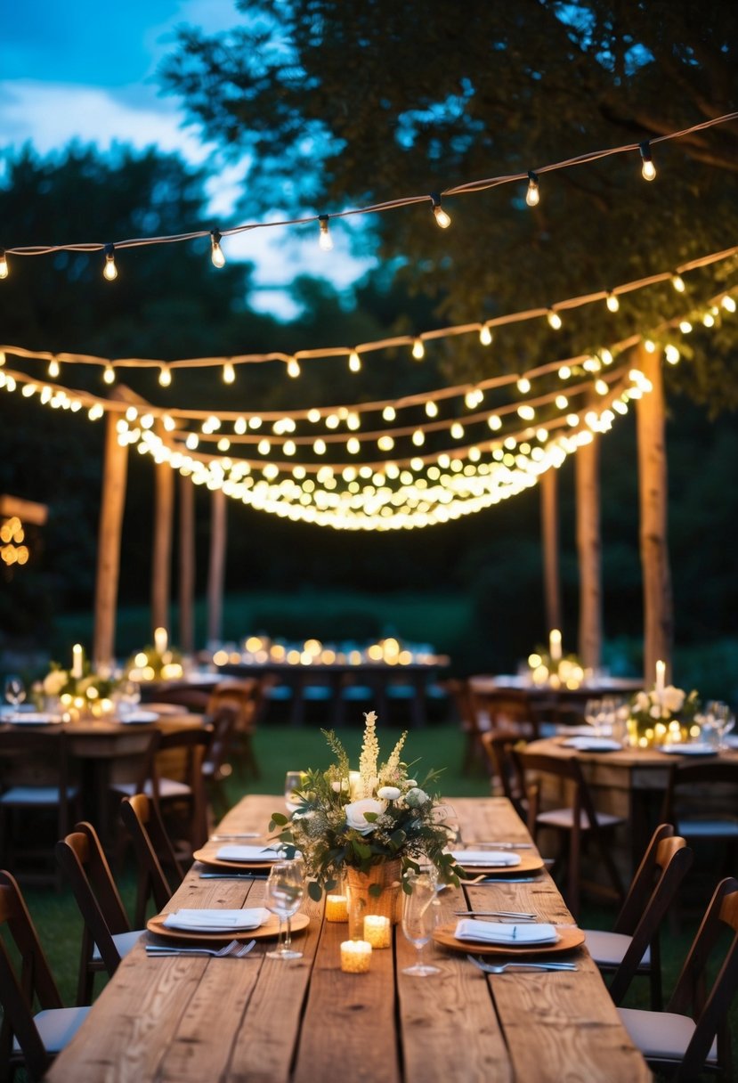 Fairy lights draped over rustic wooden tables, creating a warm and romantic ambiance for a DIY wedding reception