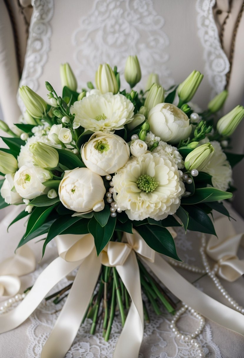 A lush Stephanotis bouquet with flowing silk ribbons, surrounded by vintage lace and pearls