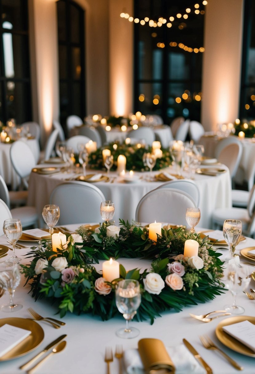 A round table adorned with a lush floral wreath centerpiece, surrounded by elegant place settings and glowing candlelight