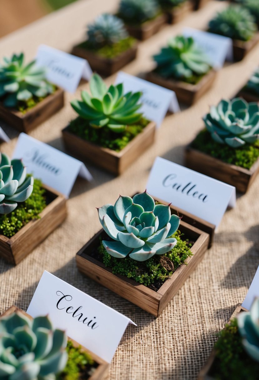 Mini succulents arranged on tables, with name cards nestled among them. A rustic, elegant DIY wedding decor idea