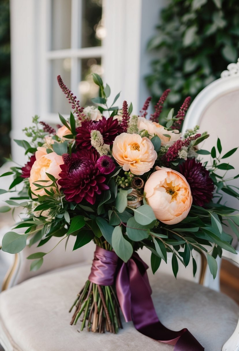 A lush bouquet of peach and burgundy blooms, accented with greenery, tied with a satin ribbon, evoking a romantic and vintage Victorian aesthetic