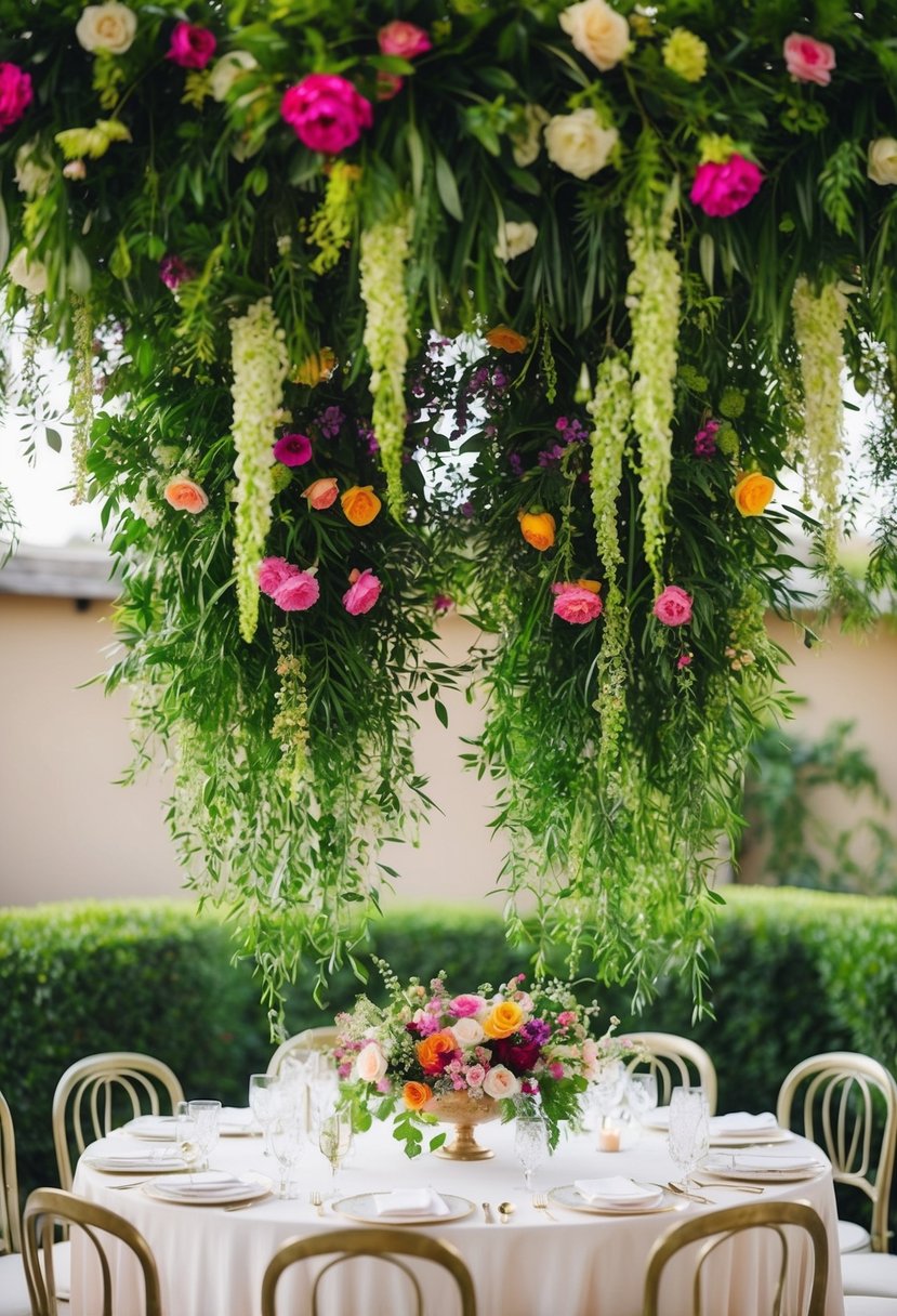 Lush greenery and vibrant flowers cascade from above, framing a wedding table in a whimsical display of hanging floral installations