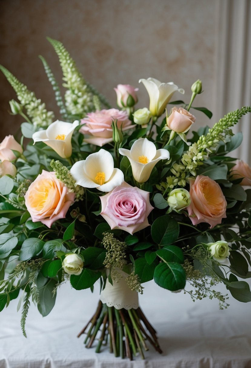 A lush bouquet of gardenias, roses, and delicate greenery arranged in a Victorian-inspired style