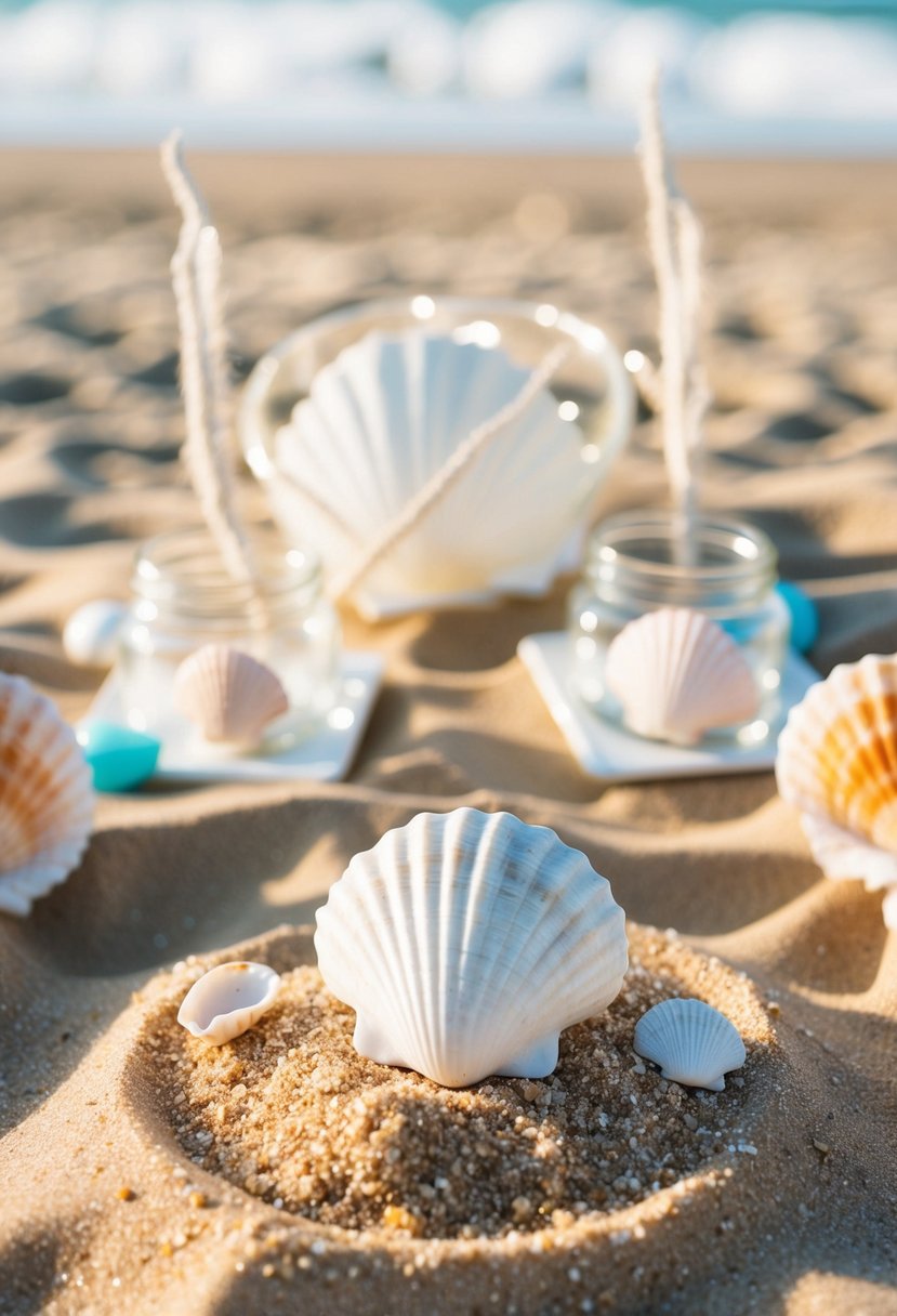 A sandy beach with a seashell and sand centerpiece surrounded by beach wedding decor