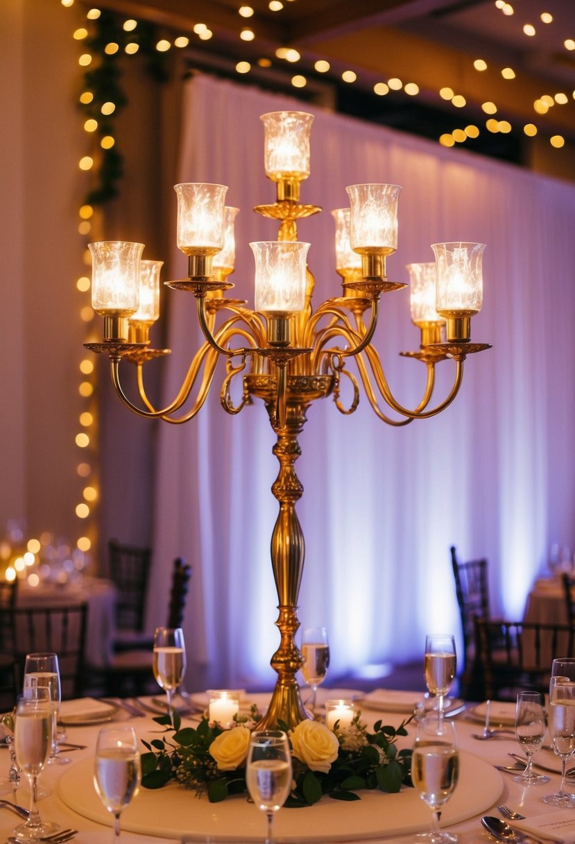 A candelabra with twinkling lights illuminates a round wedding table, casting a warm and romantic glow over the elegant centerpiece