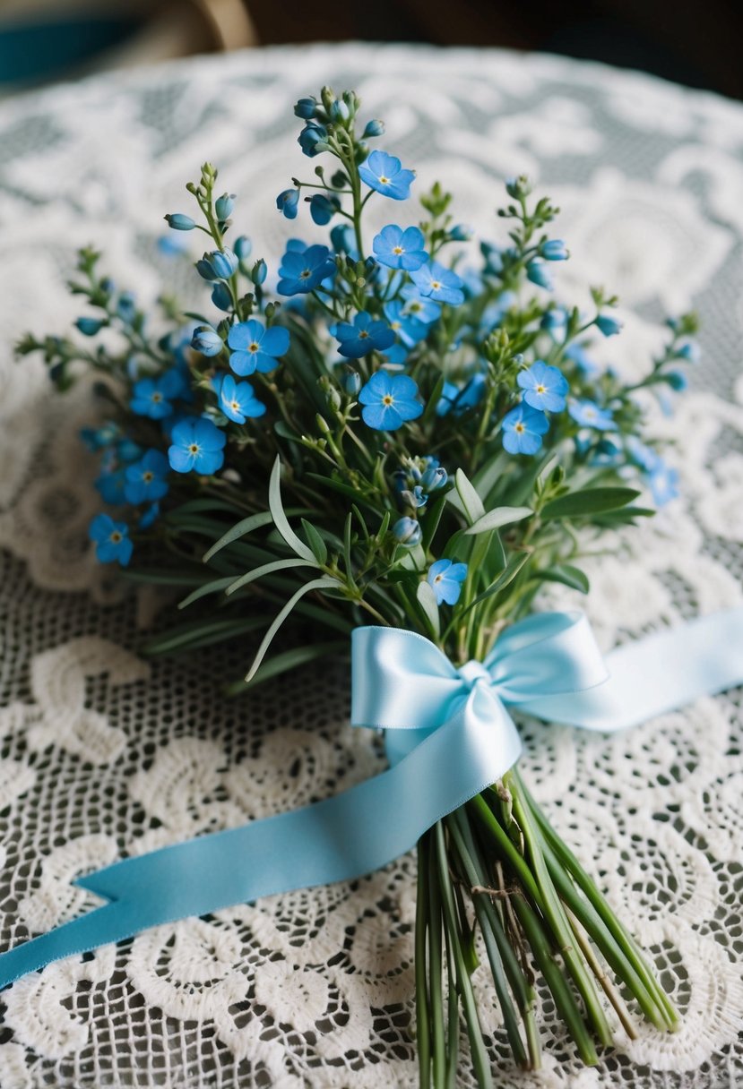 A delicate bouquet of blue forget-me-not sprigs, intertwined with soft greenery and tied with a satin ribbon, rests on a vintage lace tablecloth