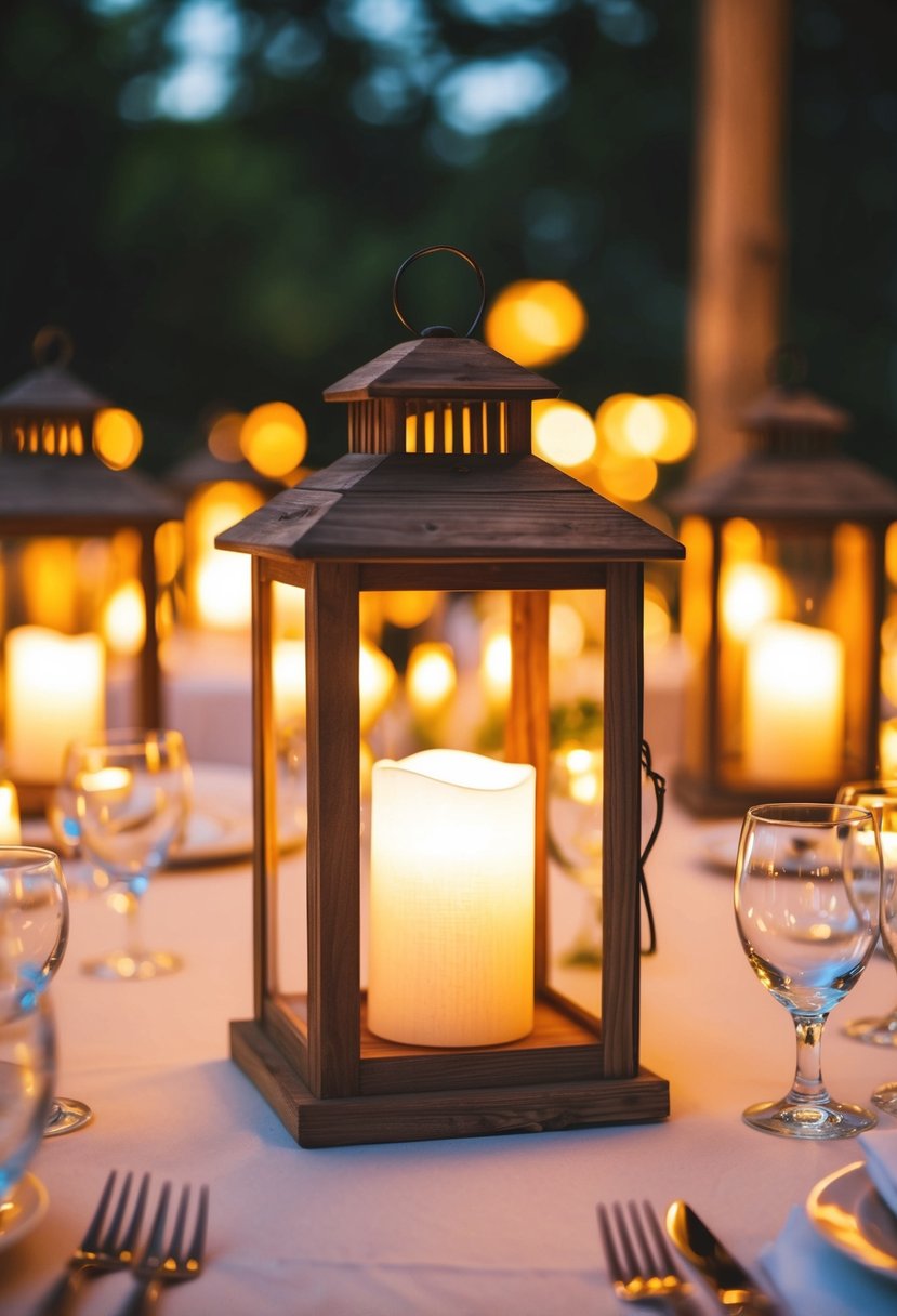 Rustic wooden lanterns illuminate a wedding table, casting a warm, romantic glow over the intimate setting