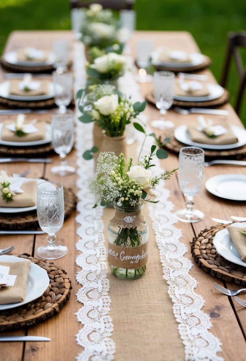 A rustic table setting with lace and burlap accents, adorned with DIY wedding decorations