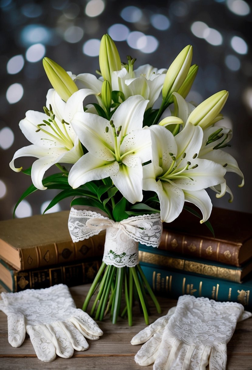 An antique white lily bouquet tied with lace, surrounded by vintage books and delicate lace gloves