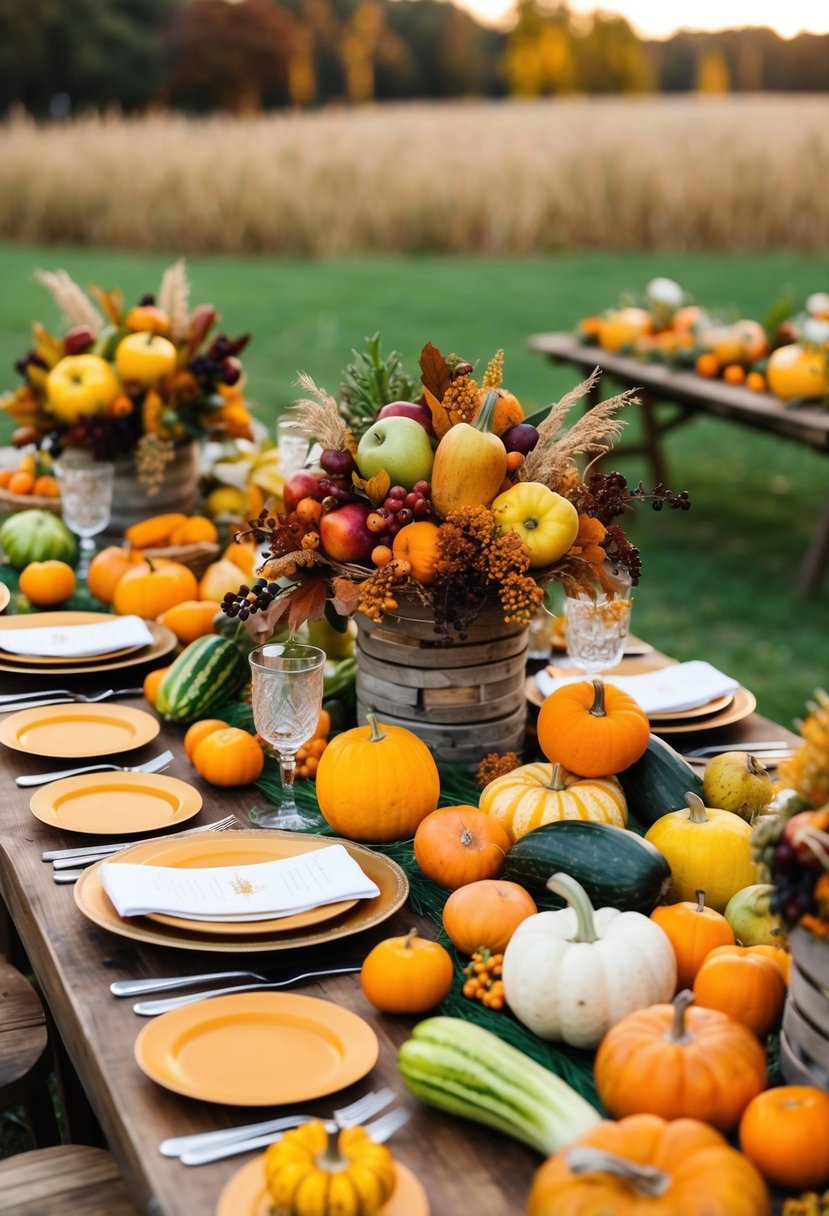 A rustic wedding table adorned with autumn fruits and vegetables, arranged in a decorative DIY display