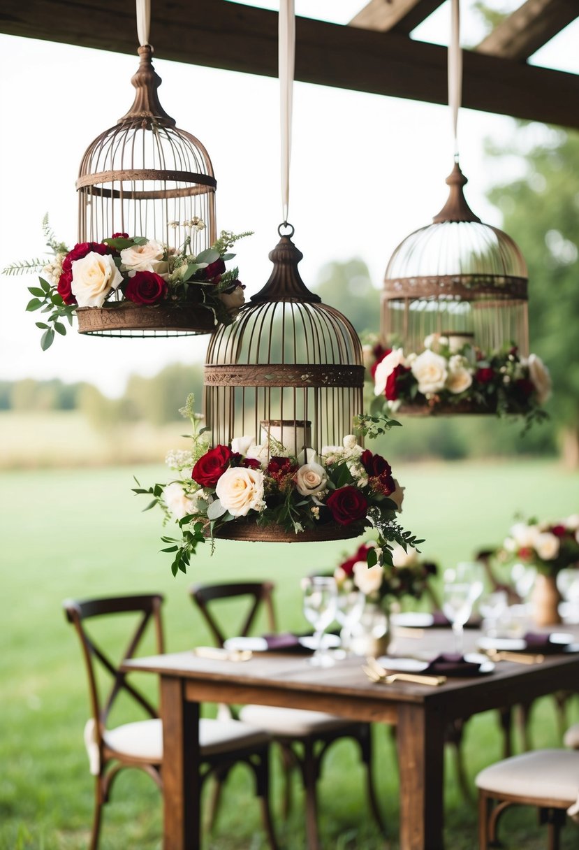 Birdcages adorned with flowers hang above a rustic wedding table