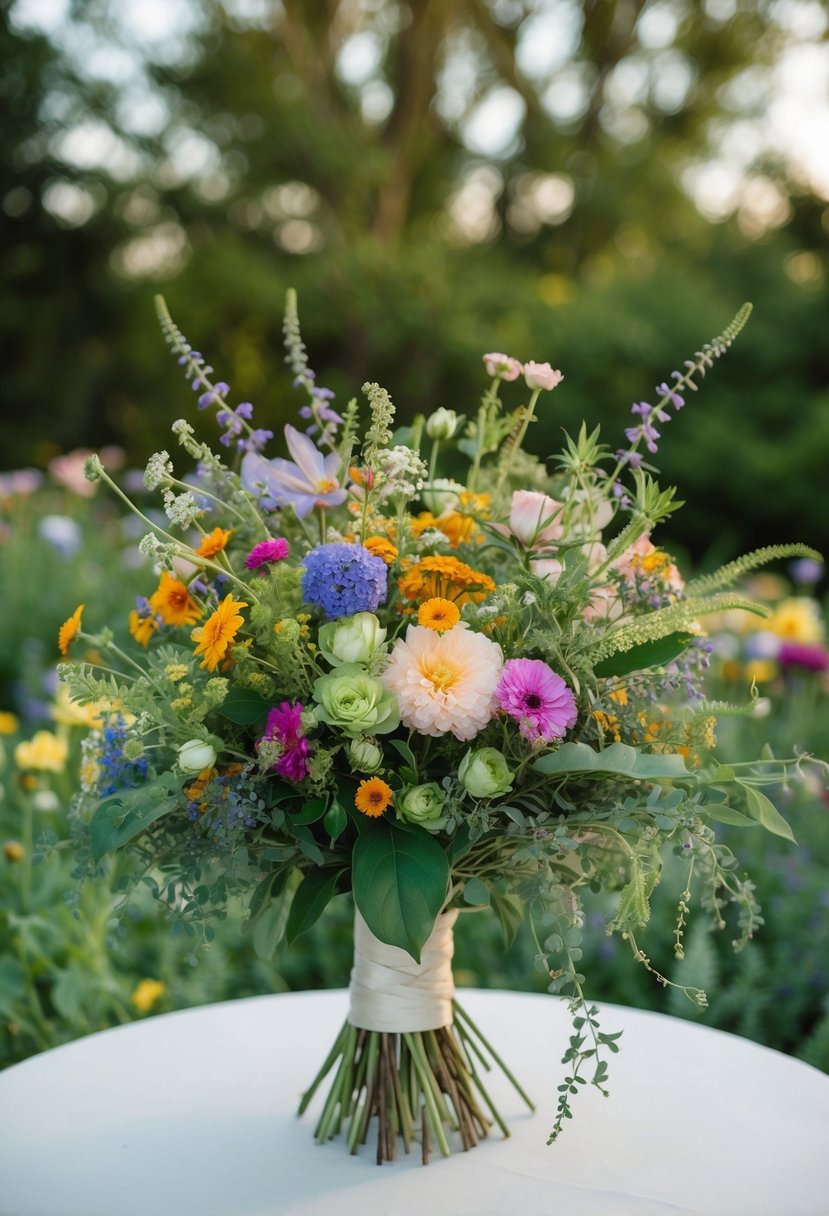 A lush bouquet of wildflowers in a vintage-inspired Victorian style, featuring a mix of colorful blooms and delicate greenery