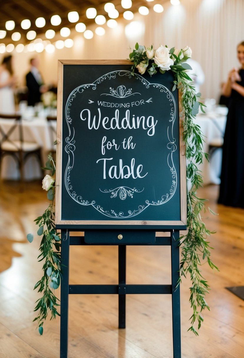 A chalkboard table with numbered decorations for a wedding