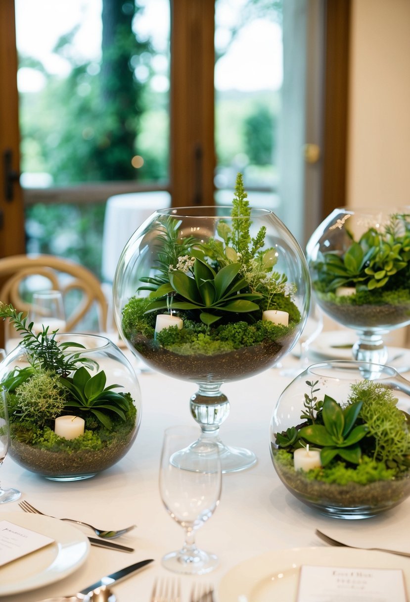 Glass terrariums filled with lush greenery adorn a round wedding table, creating a natural and elegant centerpiece