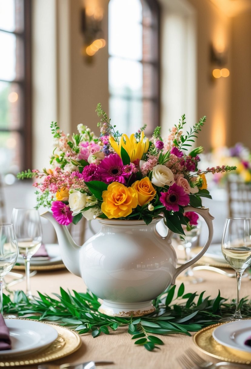 An elegant teapot filled with vibrant floral arrangements serves as a stunning centerpiece for a DIY wedding table decoration