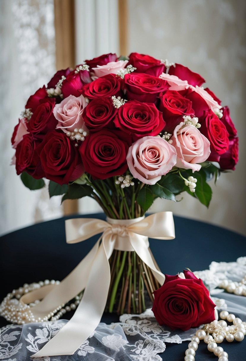 A lavish bouquet of scarlet and blush roses tied with a satin ribbon, surrounded by vintage lace and pearls