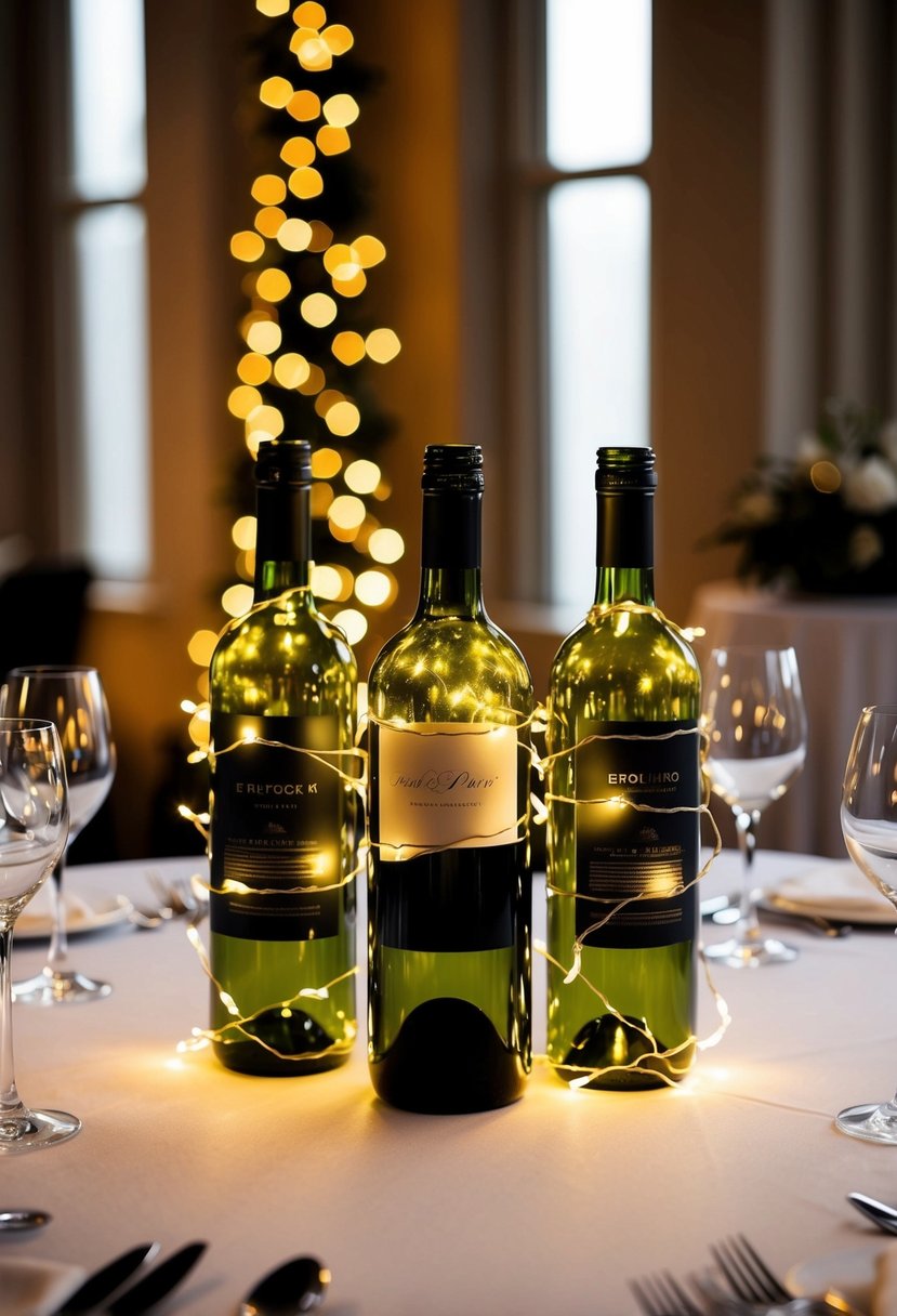 Fairy lights wrap around wine bottles on a wedding table, casting a warm glow on the elegant centerpiece