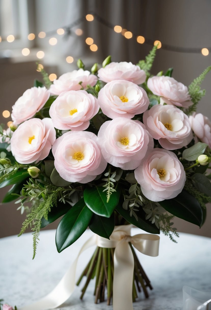 A lush arrangement of pale pink camellias, accented with delicate greenery, tied with a satin ribbon