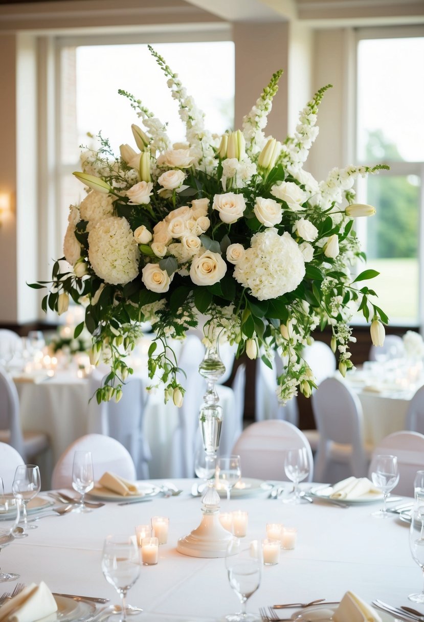 An elegant white and cream flower arrangement adorns a round wedding table, creating a beautiful and romantic centerpiece