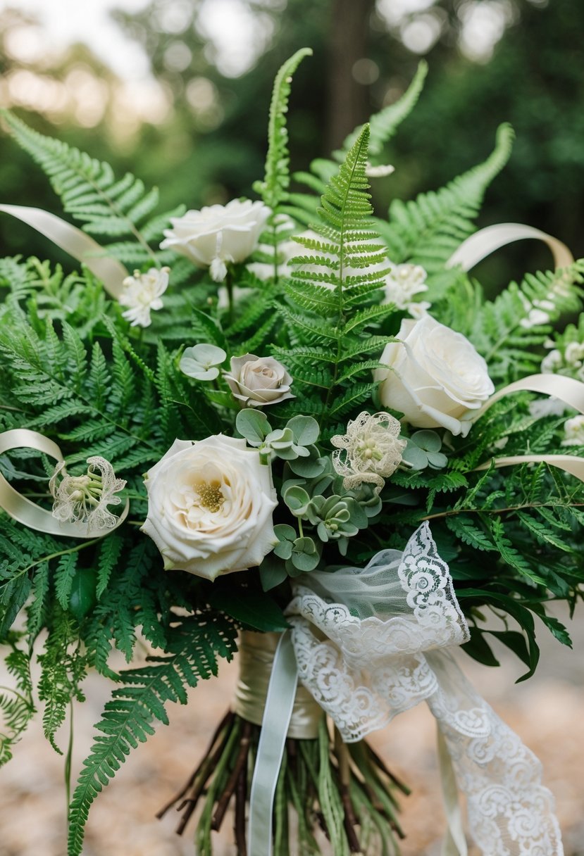 Lush, ornate ferns intertwined with delicate lace and vintage ribbons in a Victorian-inspired wedding bouquet