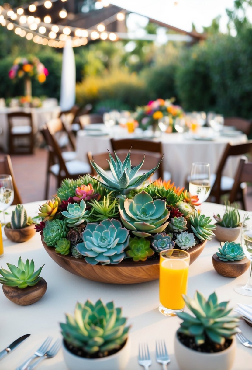 A round table adorned with a vibrant array of succulents in various shapes, sizes, and colors, creating a striking and unique wedding centerpiece