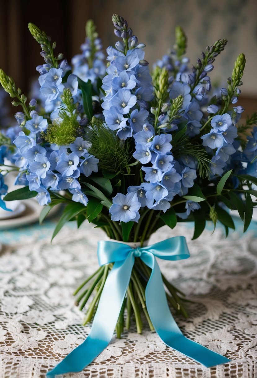 A lush bouquet of delicate blue delphiniums, accented with greenery and tied with a satin ribbon, sits on a vintage lace tablecloth