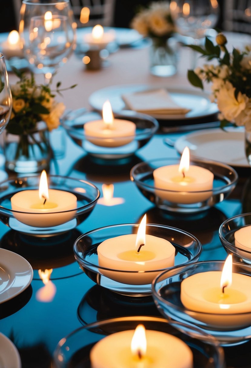 Floating candles illuminate water bowls on a round wedding table, creating a romantic and elegant ambiance