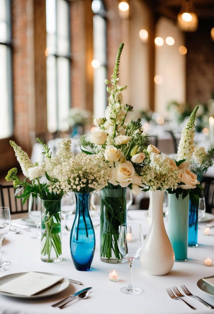 A round table with a mix of vases filled with flowers, varying in height and style, creating an elegant wedding centerpiece