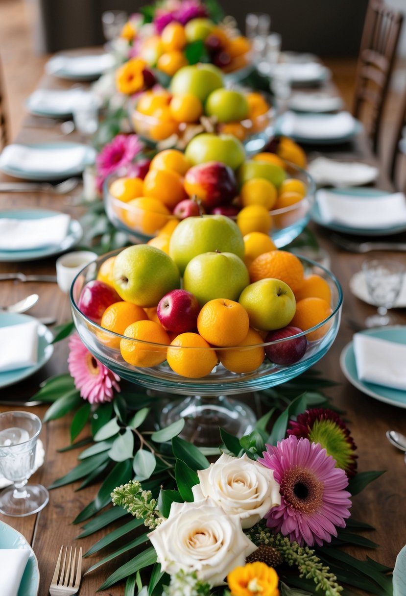 Fresh fruits arranged in glass bowls atop wooden tables with floral accents, creating vibrant centerpieces for a wedding celebration