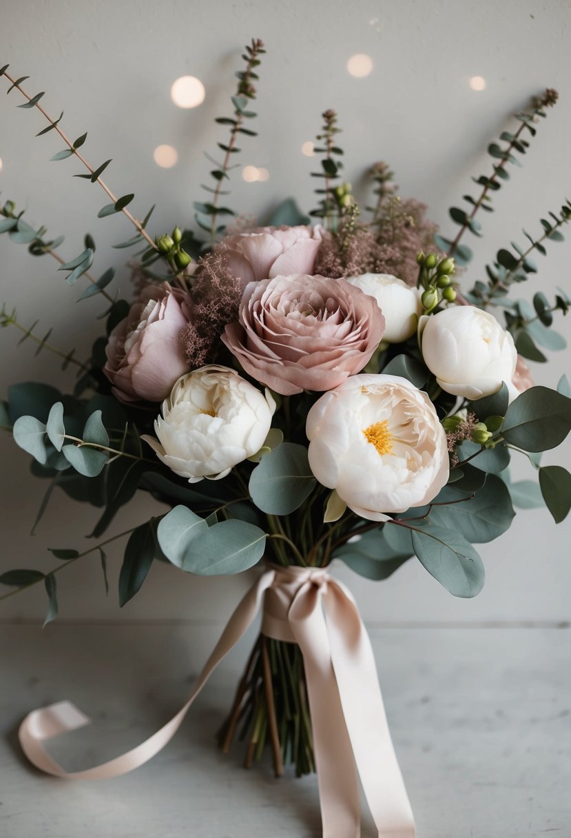 A bouquet of dusty rose roses, peonies, and eucalyptus tied with silk ribbon