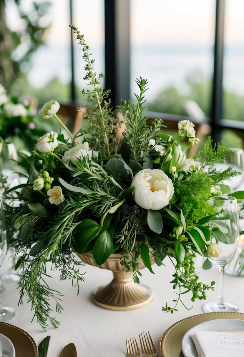 Lush greenery and delicate herbs intertwine with soft blooms in a charming wedding table arrangement