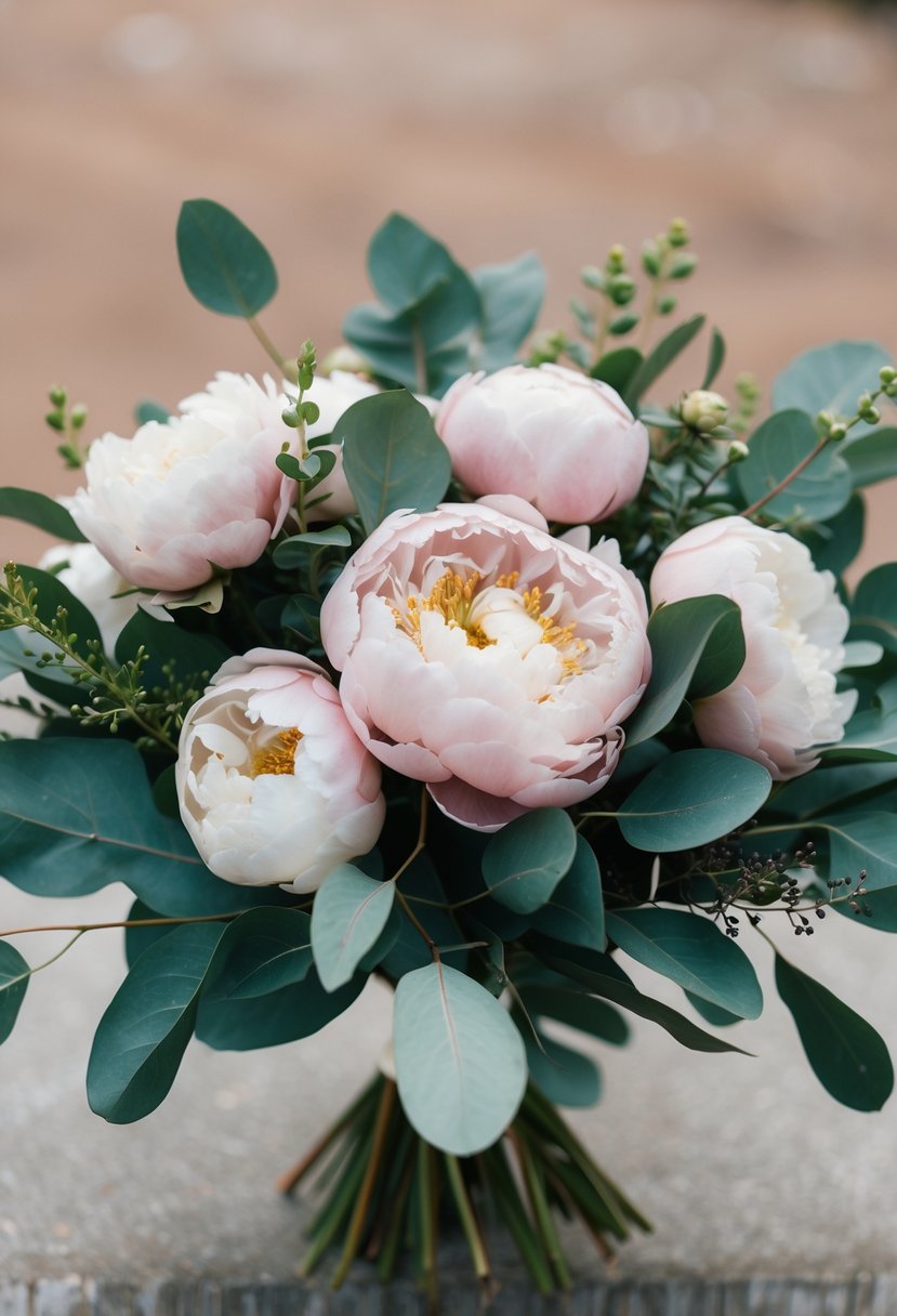 A lush bouquet of dusty rose peonies and eucalyptus leaves