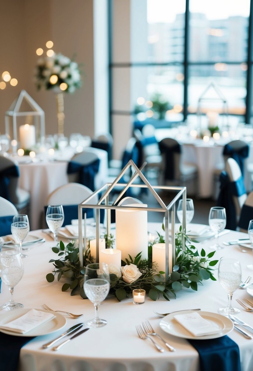 Silver geometric structures adorn a round wedding table, creating elegant and modern decorations