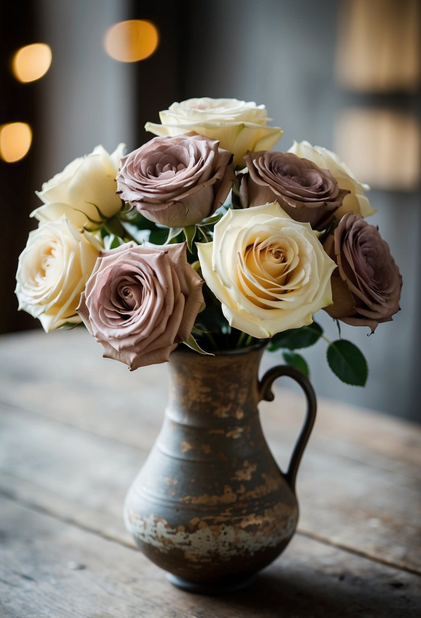 A bouquet of dusty rose and cream roses arranged in a rustic, vintage-inspired vase