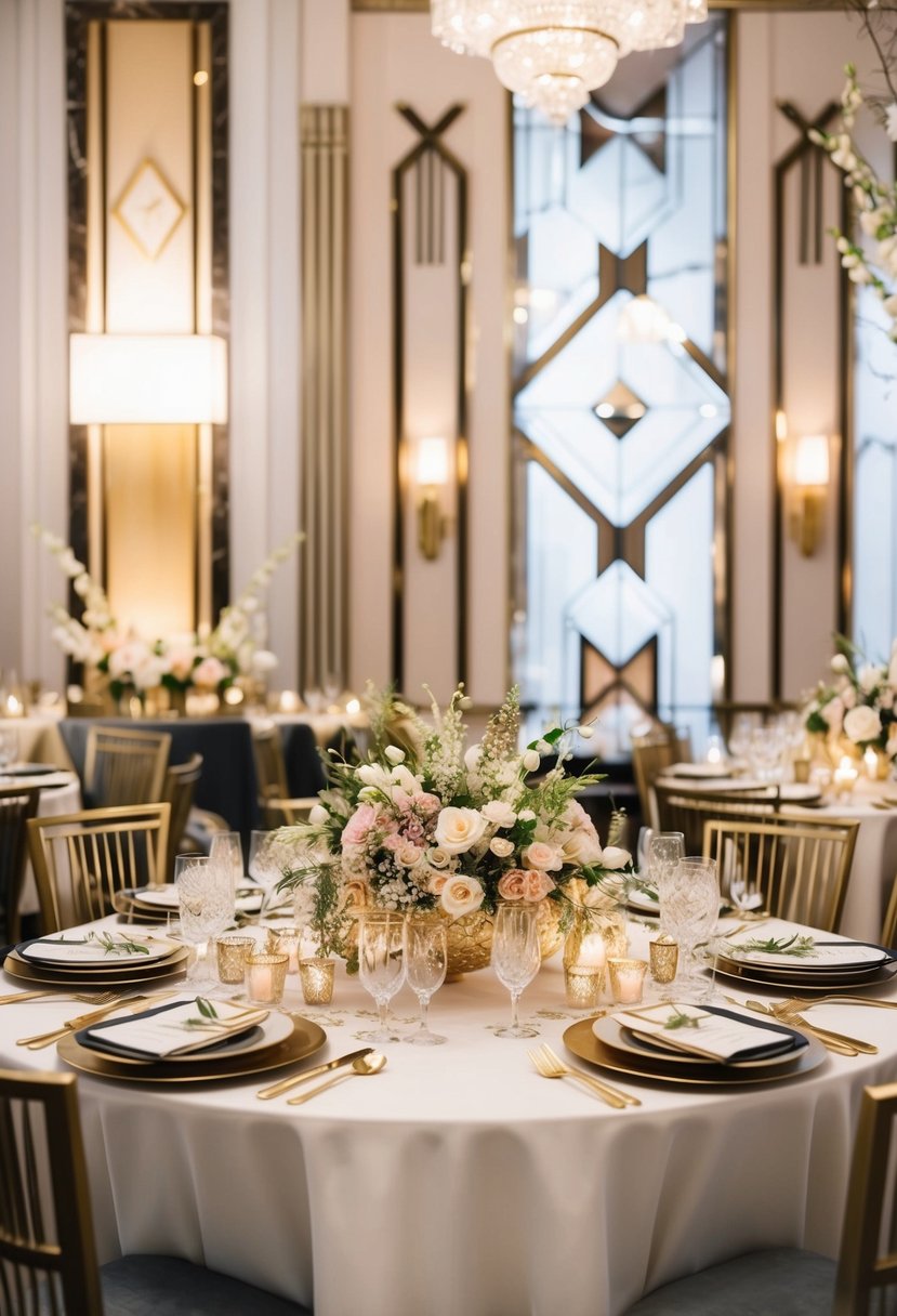 An opulent Art Deco-inspired wedding table, adorned with geometric floral arrangements and gilded accents, exudes vintage glamour and sophistication