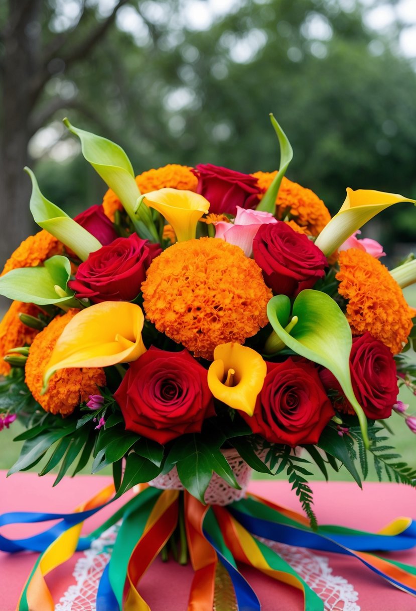 A vibrant bouquet of marigolds, roses, and calla lilies arranged in a traditional Mexican style with colorful ribbons and lace