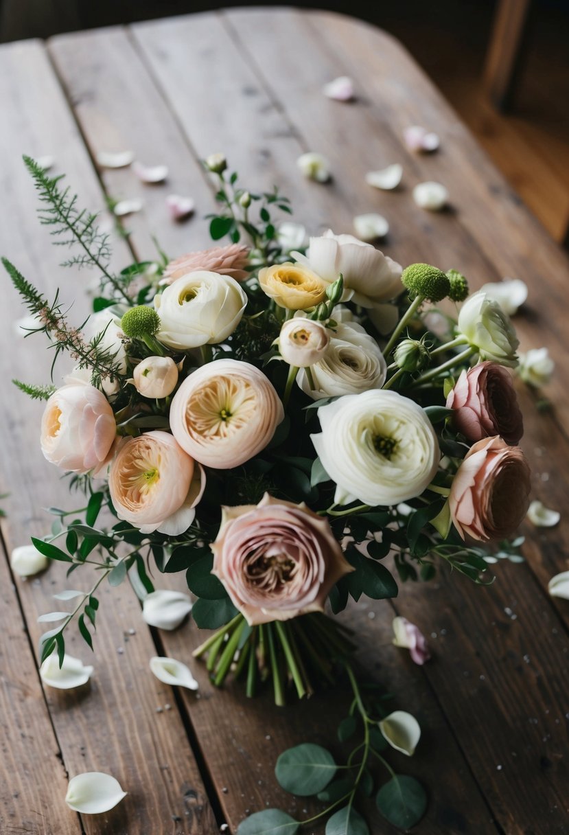 A rustic wooden table with a bouquet of ranunculus and garden roses in dusty rose hues, surrounded by scattered petals and greenery