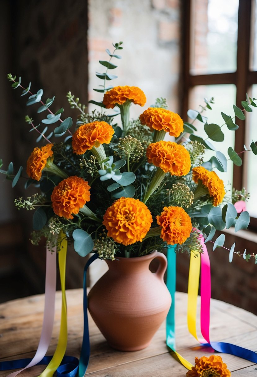 A vibrant bouquet of marigolds and eucalyptus, arranged in a rustic clay vase, with colorful ribbons cascading down