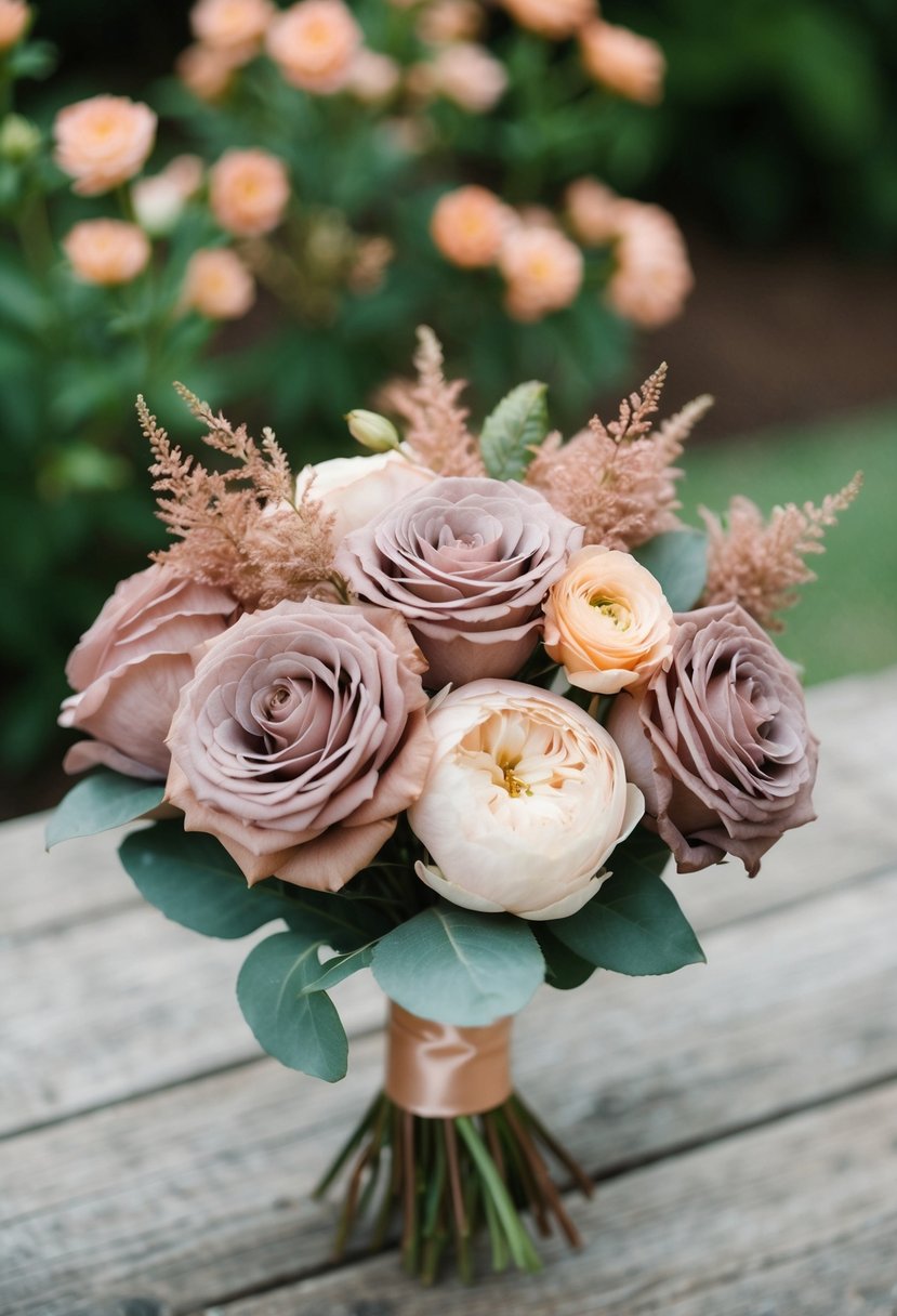 A bouquet of dusty rose and mauve flowers with peach accents