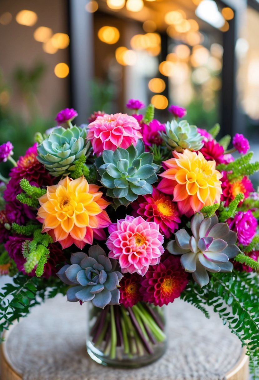 A vibrant bouquet of dahlias and succulents arranged in an elegant Mexican-inspired style