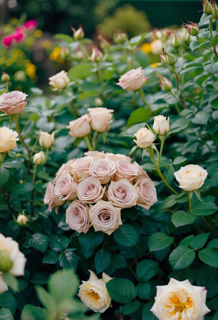 A lush garden overflows with dusty rose wedding bouquets among vibrant greenery