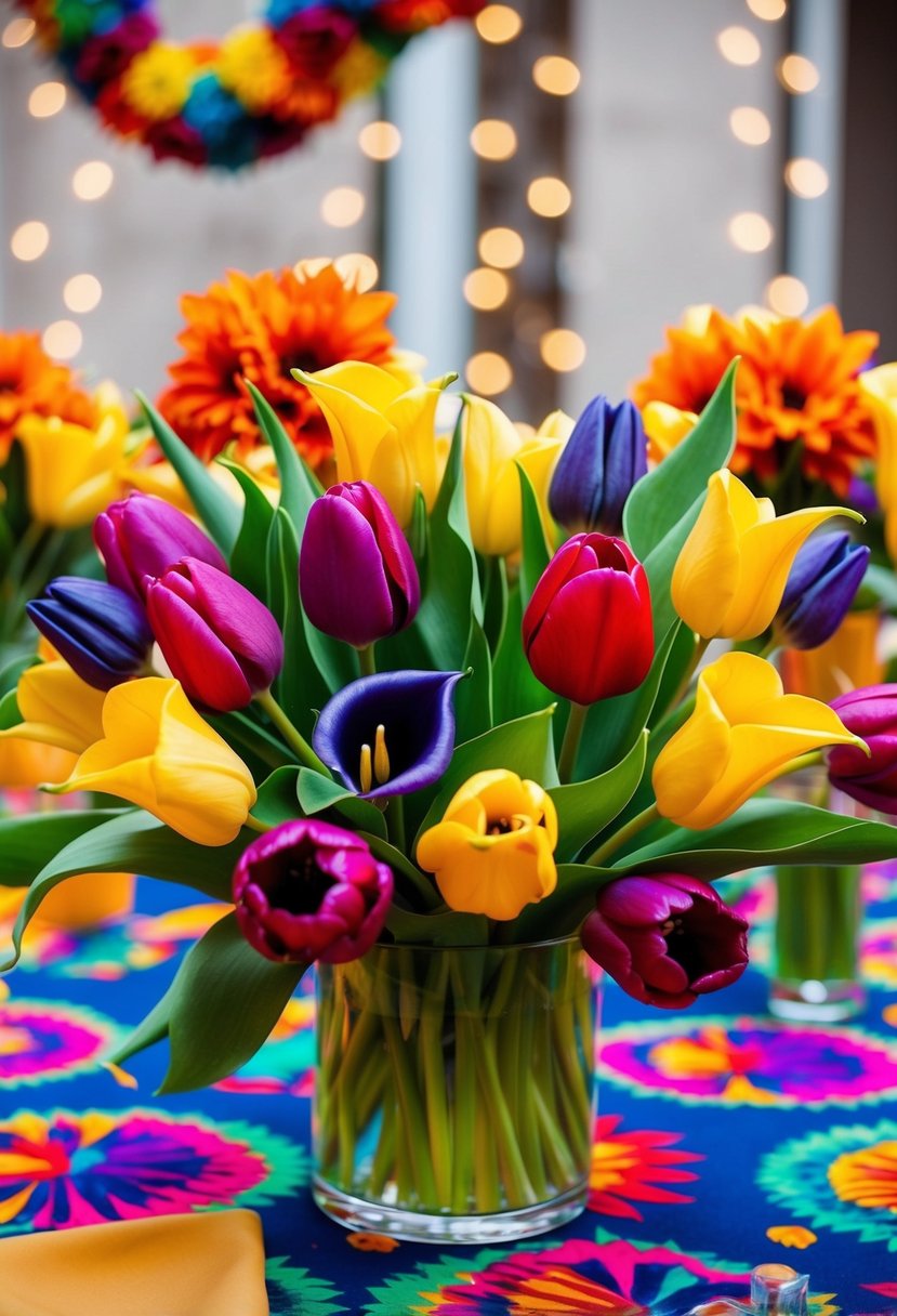 A colorful bouquet of tulips and calla lilies arranged in a vibrant Mexican-inspired wedding theme